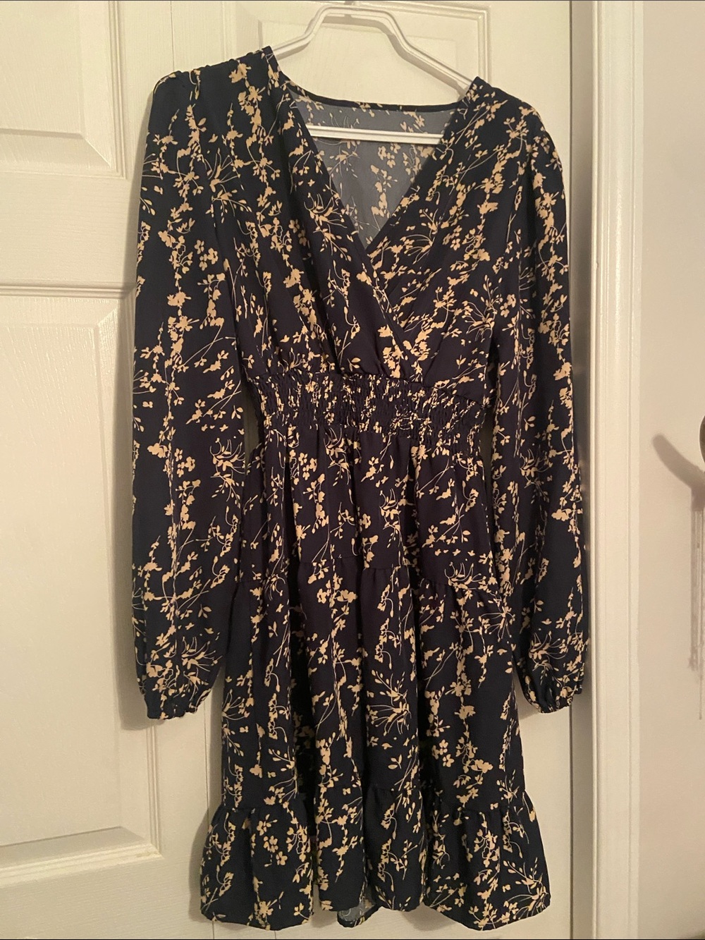 SHEIN Navy Dress with Cream Floral Print and Smocked Waist